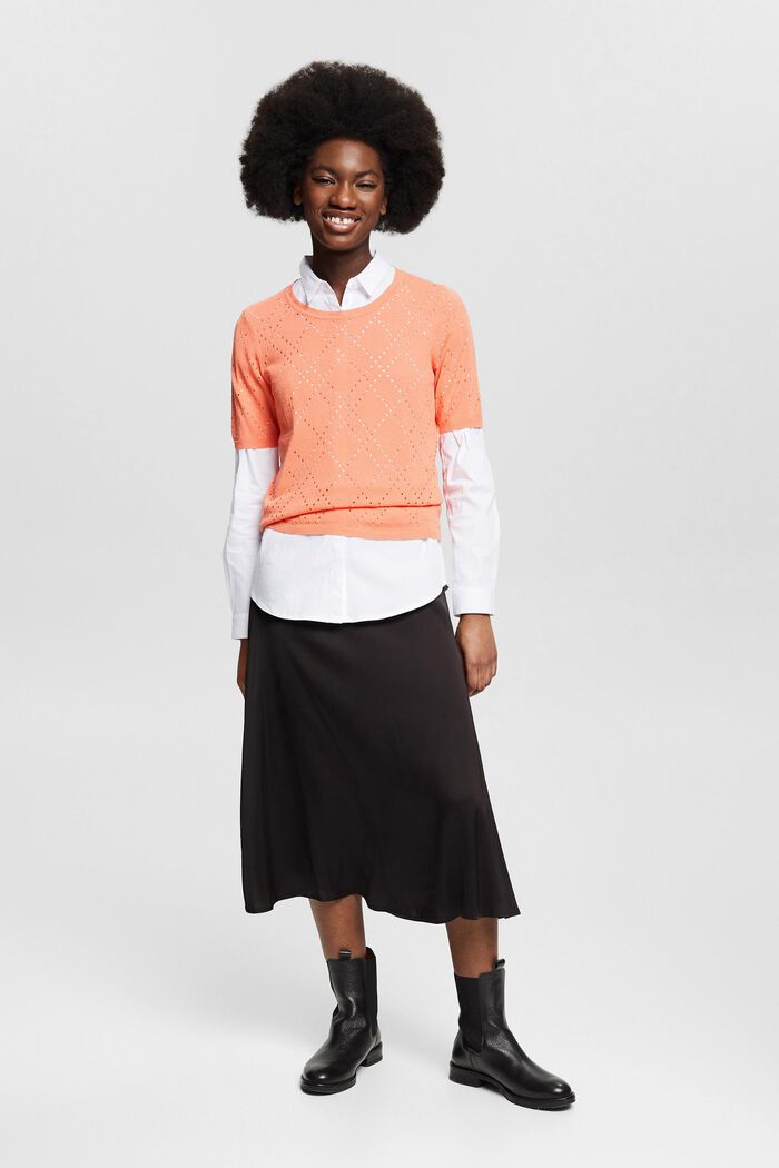 Linen blend: Knitted top with a openwork pattern, CORAL ORANGE, detail image number 1