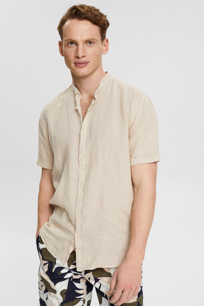 Shirt with a band collar in 100% linen, SKIN BEIGE, detail image number 0