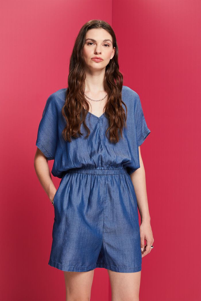 Short jumpsuit in a jeans look, TENCEL™, BLUE MEDIUM WASHED, detail image number 0