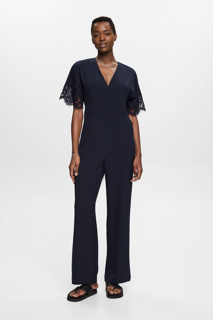 Wide leg jumpsuit with lace sleeves, NAVY, detail image number 0