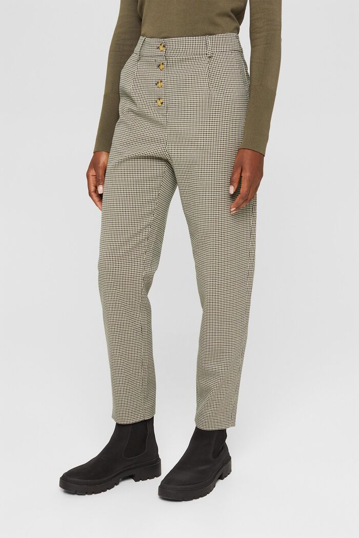 Trousers with a houndstooth check and button placket, DARK KHAKI, detail image number 0