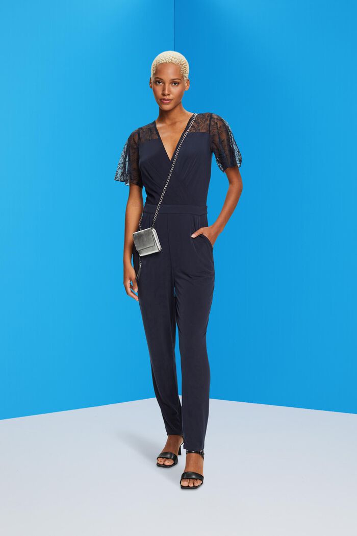 V-neck jumpsuit with lace finish, NAVY, detail image number 1