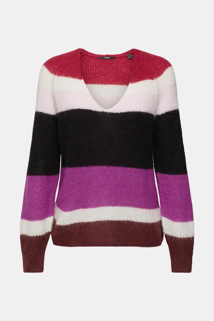 Striped V-neck jumper with wool and alpaca, BORDEAUX RED, detail image number 6