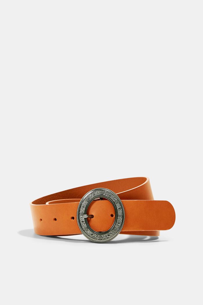 Leather belt with an embellished metal buckle, RUST BROWN, detail image number 0