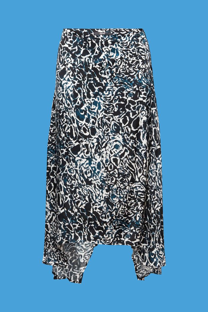 Asymmetric satin skirt with all-over print, BLACK, detail image number 6