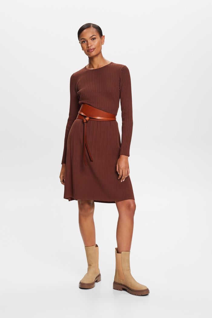 Pleated Rib-Knit Dress, BROWN, detail image number 0