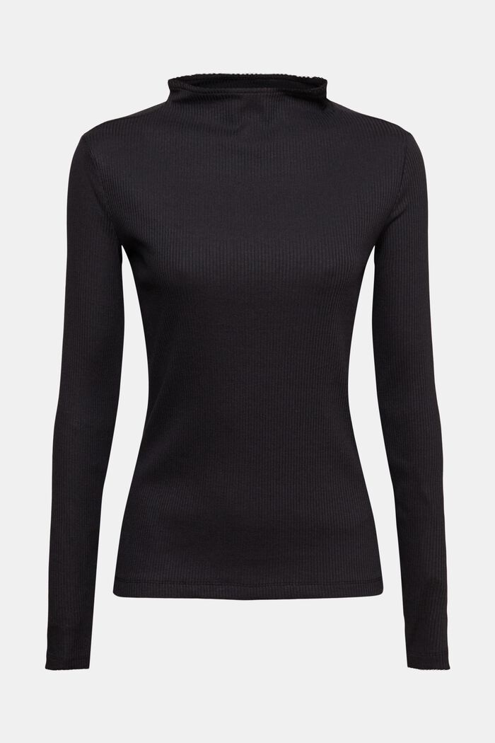 Ribbed long sleeve top, cotton blend, BLACK, overview