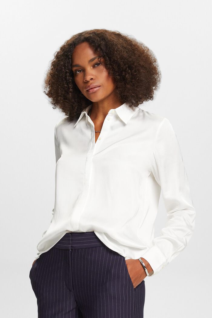 Long-Sleeve Satin Blouse, OFF WHITE, detail image number 0