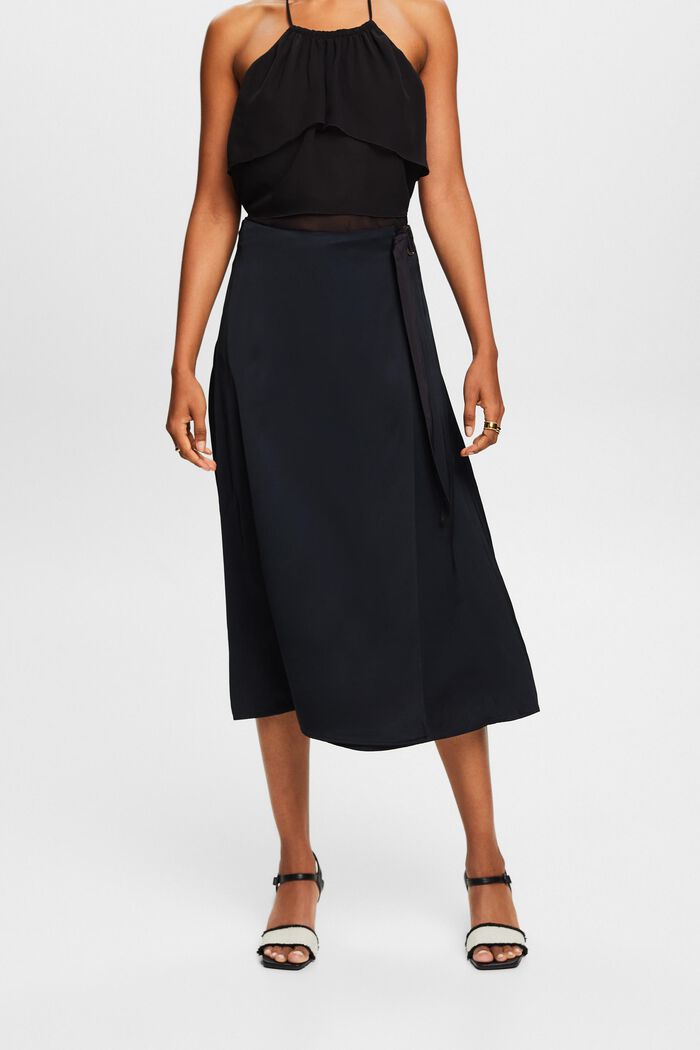 Satin Wrap Midi Skirt, BLACK, detail image number 0