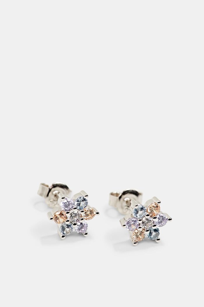 Stud earrings with zirconia flowers, sterling silver, SILVER, detail image number 1
