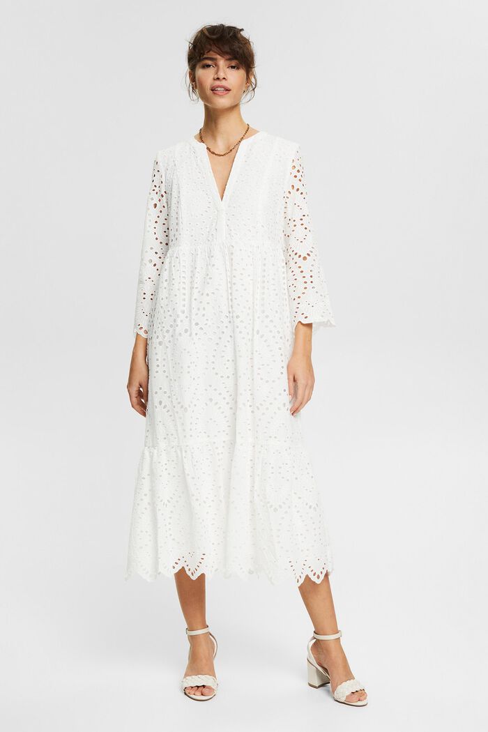 Midi dress with broderie anglaise, LENZING™ ECOVERO™, WHITE, detail image number 1