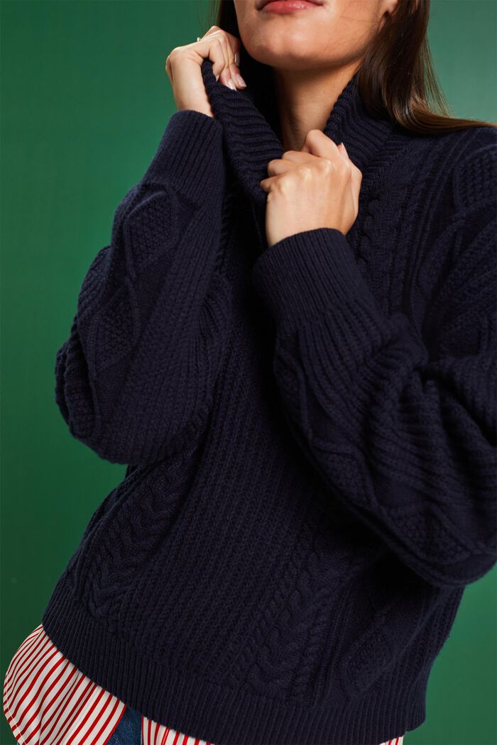 Cable Knit Turtleneck Sweater, NAVY, detail image number 2