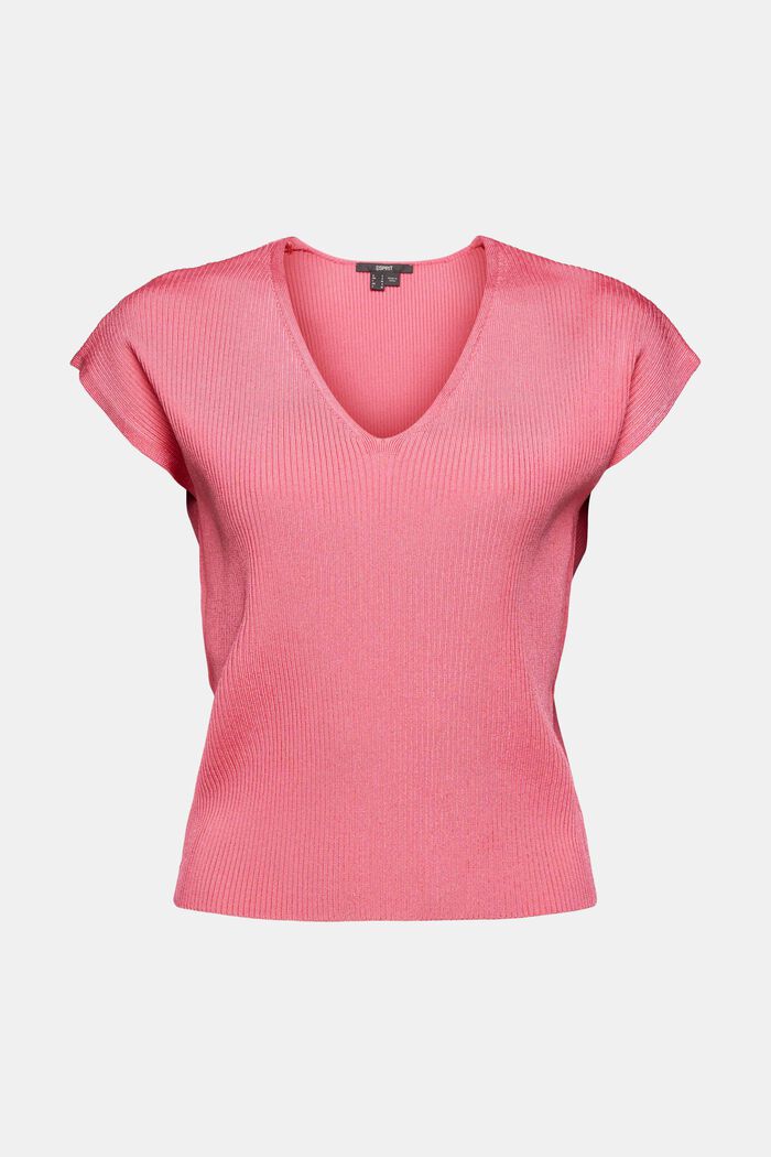 Short-sleeved jumper in a ribbed look, PINK FUCHSIA, overview