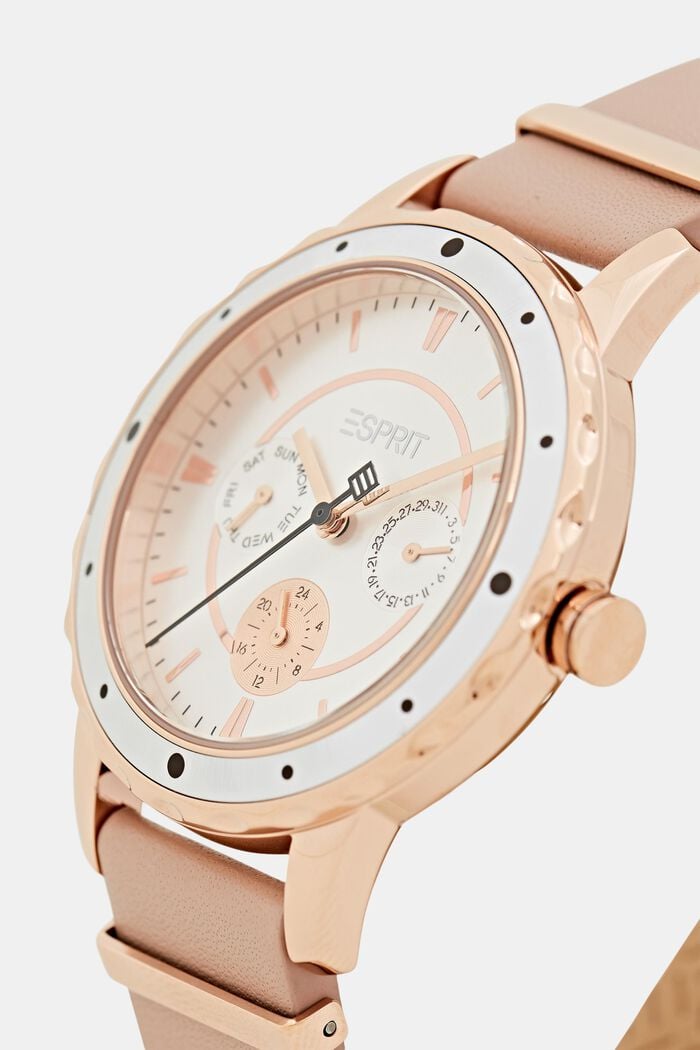 Two-tone multi-functional watch with a leather strap, ROSE, detail image number 1