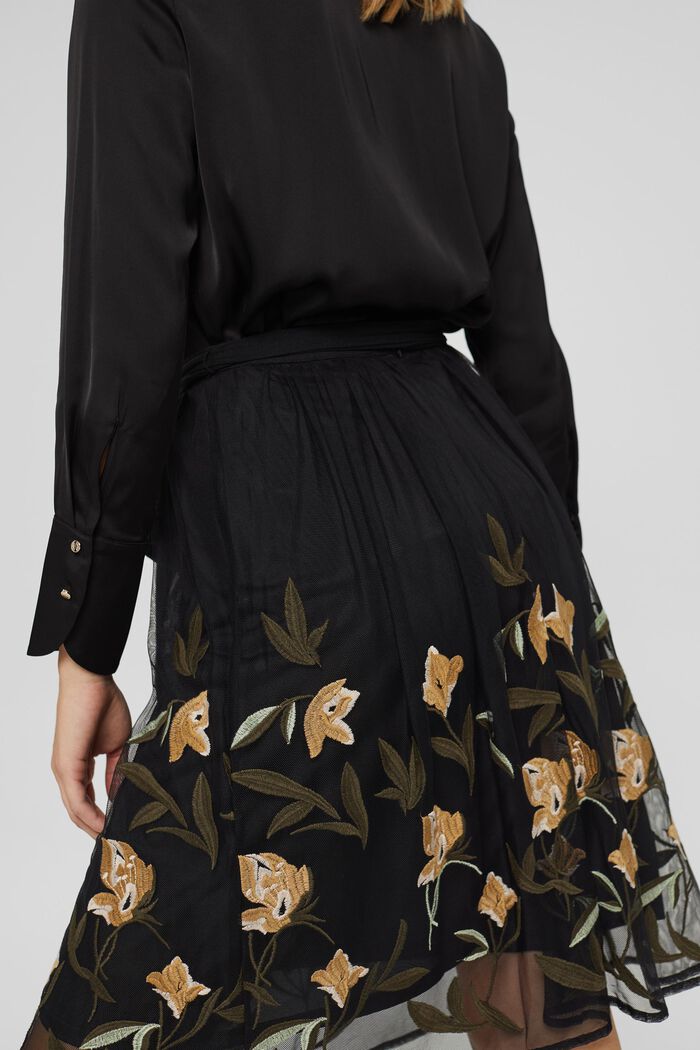 Mesh skirt with floral embroidery, BLACK, detail image number 5