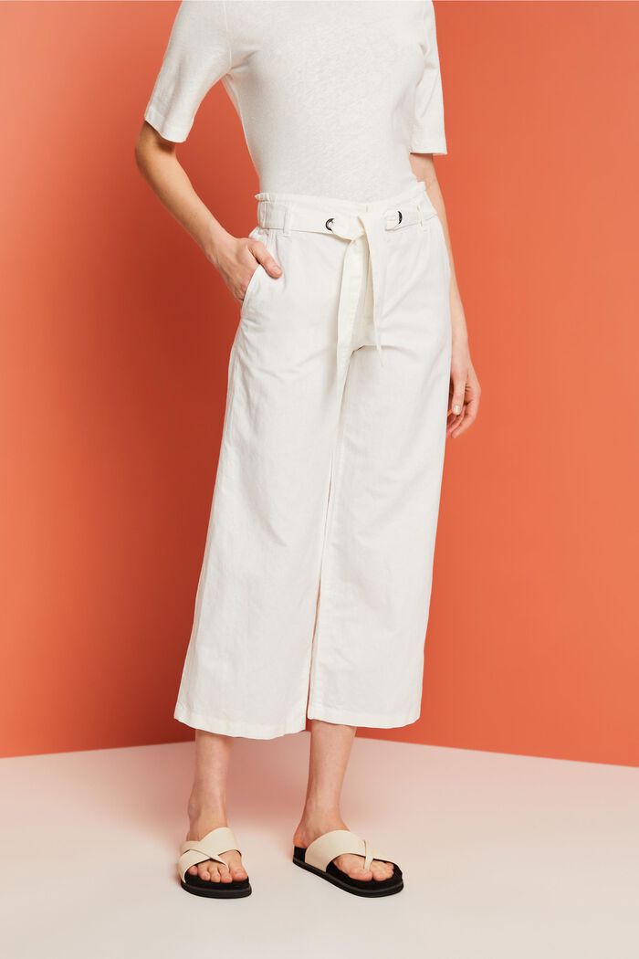 Linen Cotton Tie-Belt Culotte, WHITE, detail image number 0