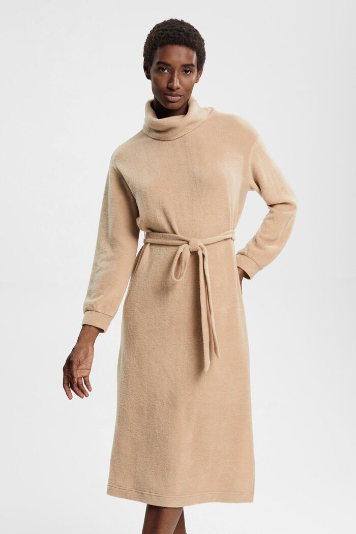 Roll neck dress with tie belt, LIGHT TAUPE, detail image number 0