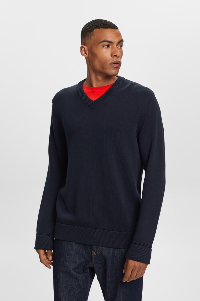 Cotton V-Neck Sweater, NAVY, detail image number 0