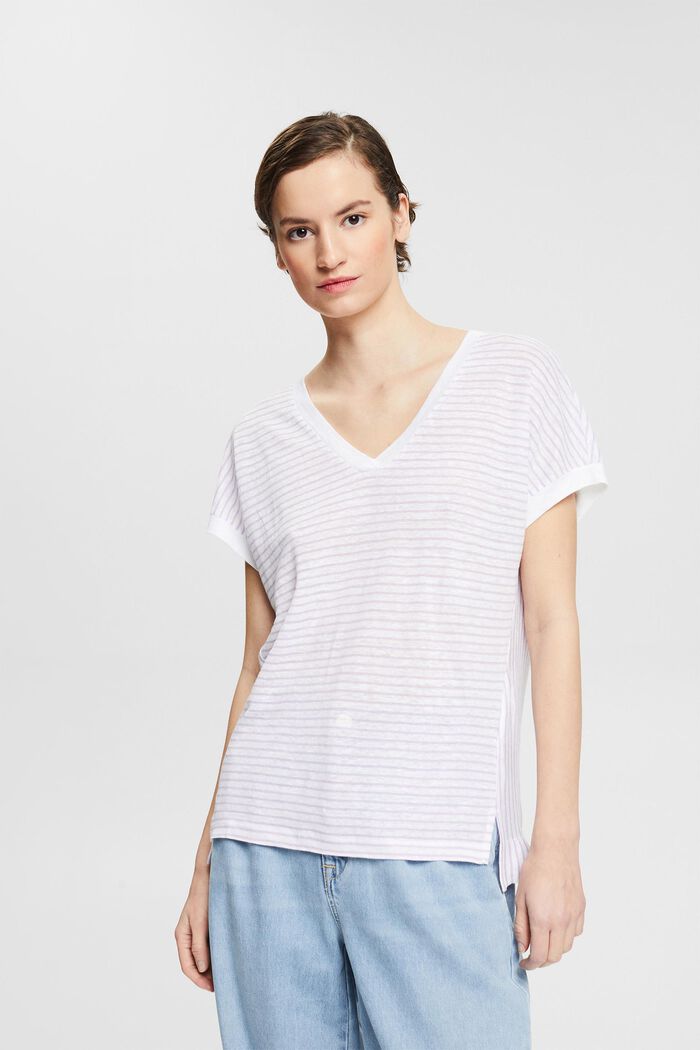 Striped T-shirt made of 100% linen, WHITE, detail image number 0