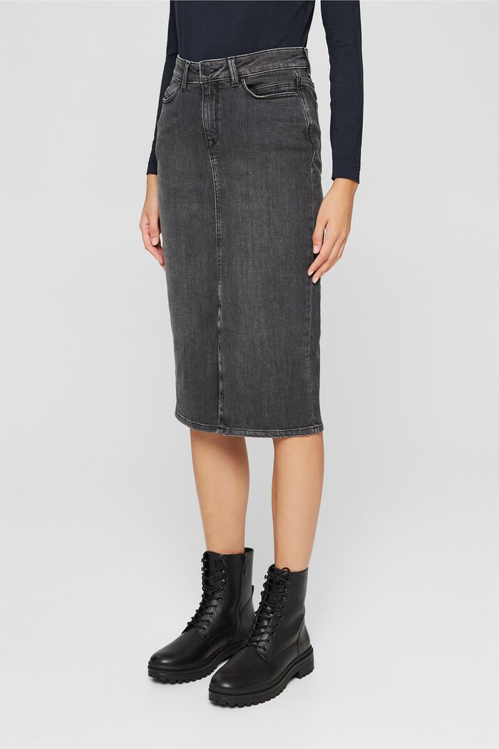 Midi-length denim skirt, organic cotton, GREY DARK WASHED, detail image number 0