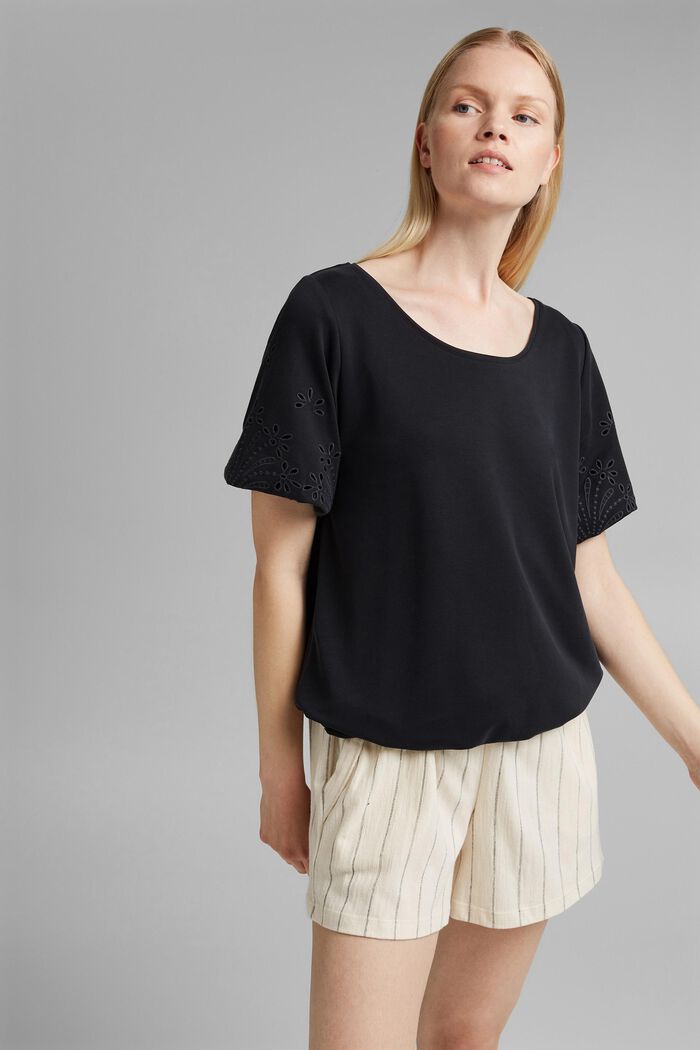 T-shirt with broderie anglaise and frills, BLACK, overview