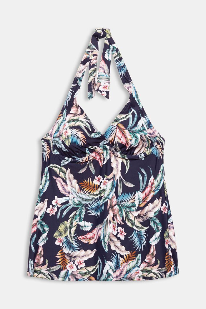 Made of recycled material: tankini top with a tropical print, NAVY, overview