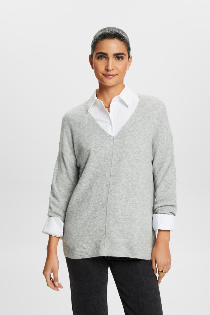 Wool Blend V-Neck Sweater, LIGHT GREY, detail image number 1