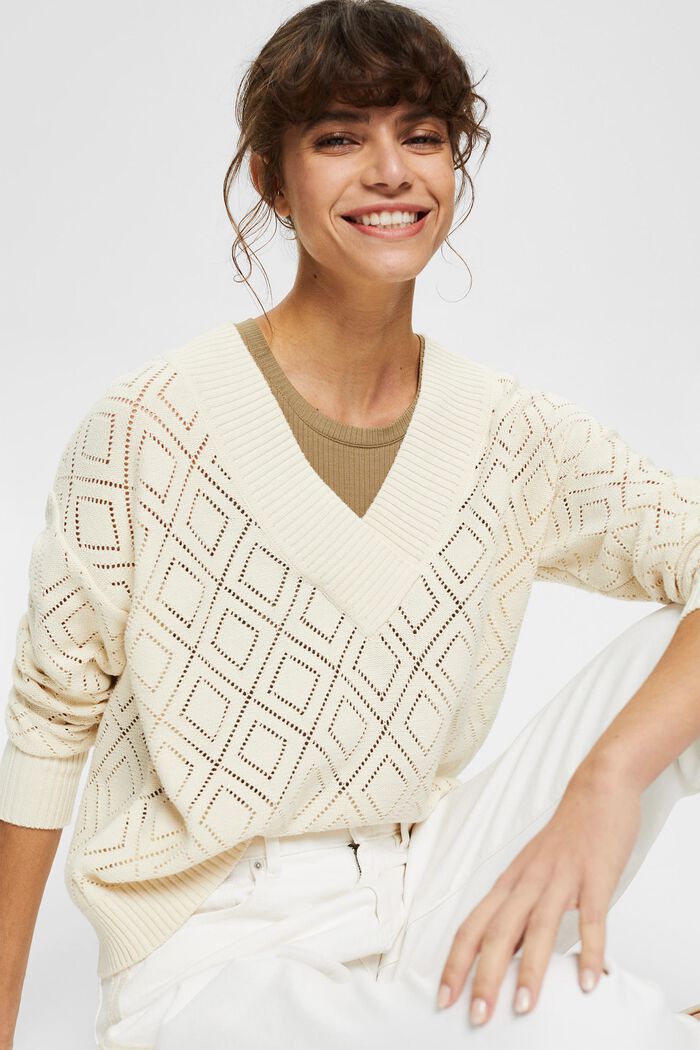 With linen: Jumper with an openwork pattern, OFF WHITE, detail image number 0