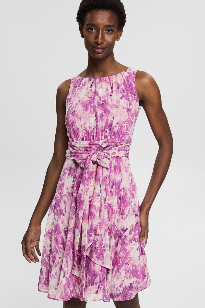 Made of recycled material: chiffon dress with a floral pattern, PURPLE, overview