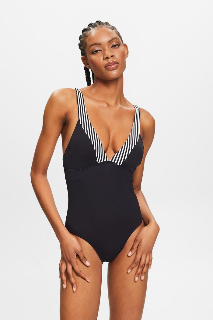 Striped One-Piece Swimsuit, BLACK, detail image number 0