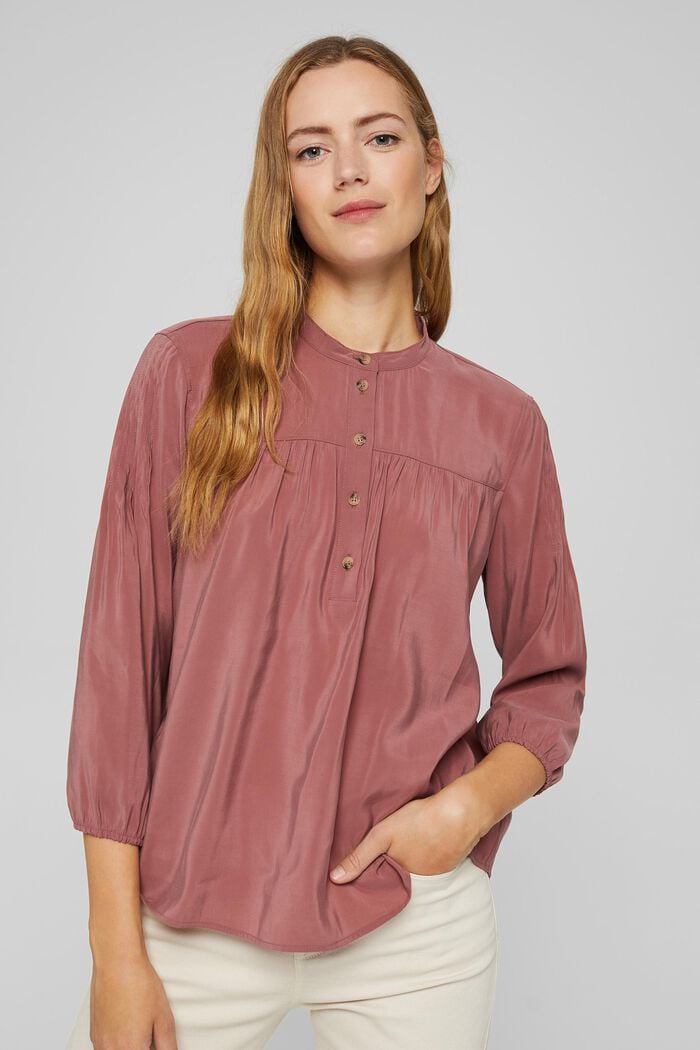 Shiny Henley blouse with LENZING™ ECOVERO™, DARK OLD PINK, overview
