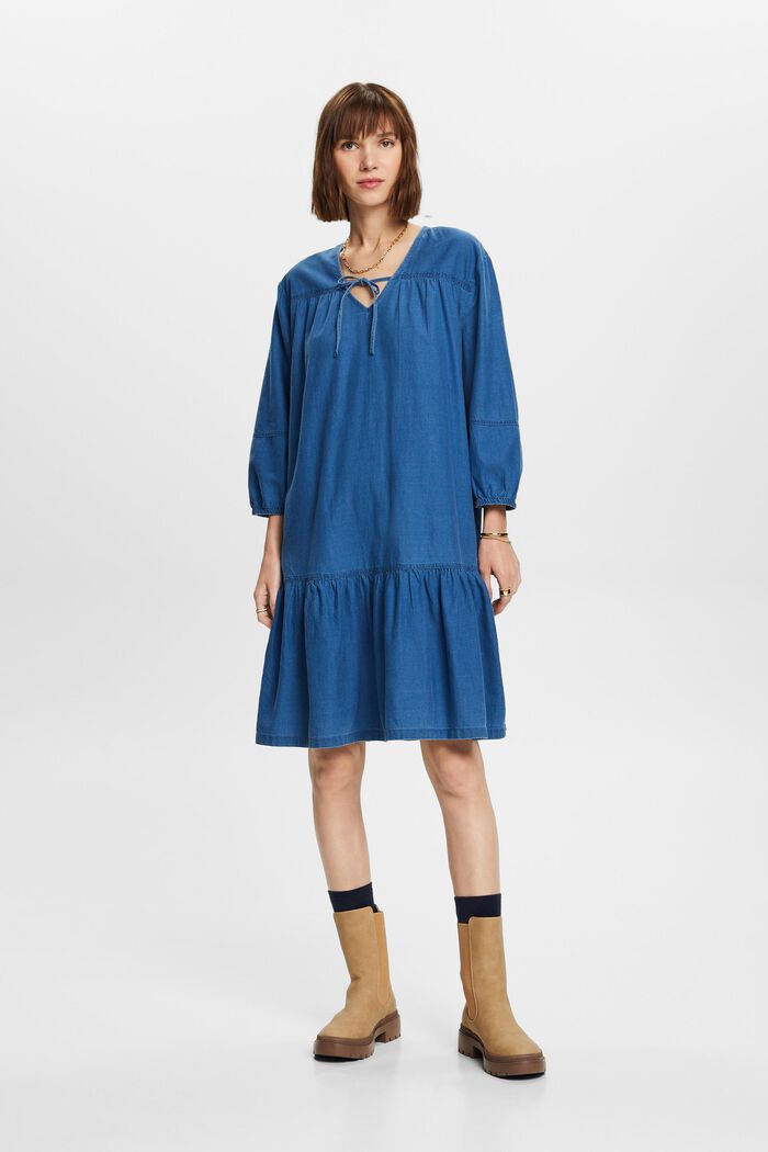 Tie-Neck Ruffled Chambray Dress, NAVY, detail image number 4