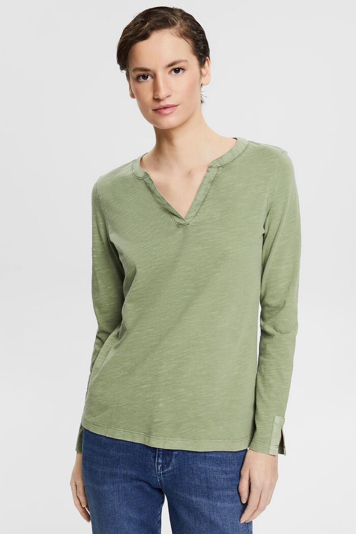 Long sleeve top with a cup-shaped neckline, in organic cotton, LIGHT KHAKI, detail image number 0