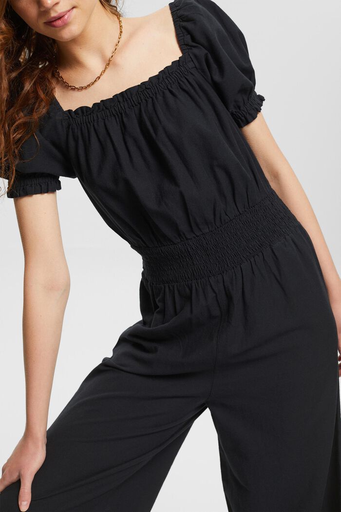 Linen blend: jumpsuit with a square neckline, BLACK, detail image number 2