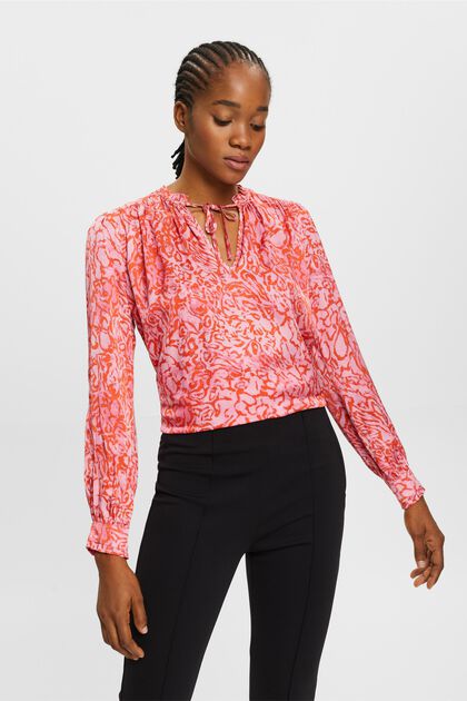 Patterned satin blouse with ruffled edges