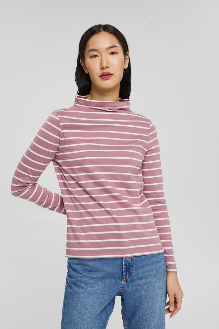 Striped long sleeve top in organic cotton, MAUVE, detail image number 0