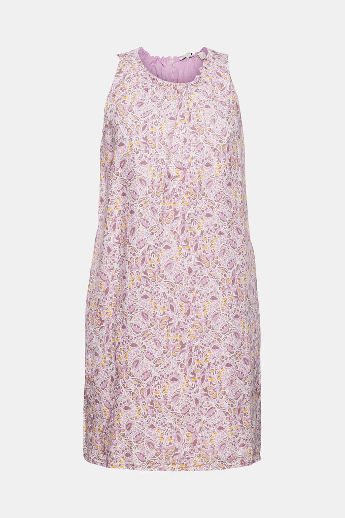 Patterned mini dress made of blended linen, LILAC, overview