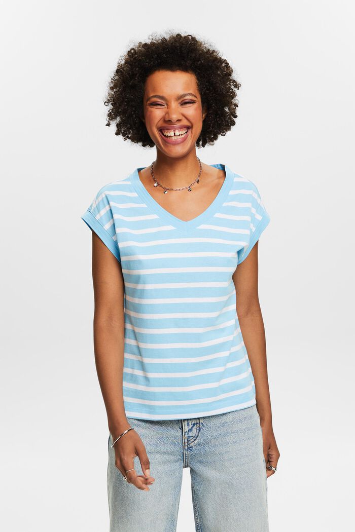 Striped V-Neck T-Shirt, LIGHT TURQUOISE, detail image number 0