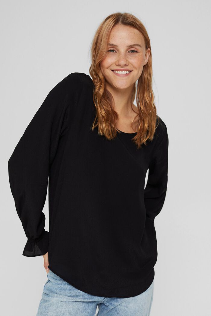 Blouse with flounce details and LENZING™ ECOVERO™, BLACK, detail image number 0