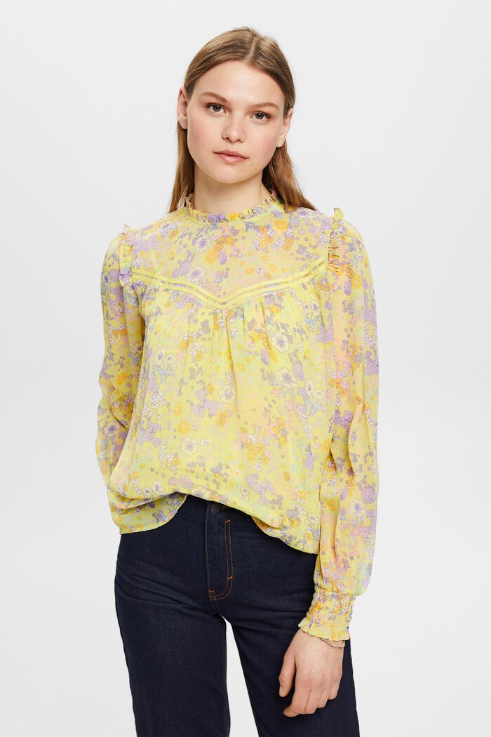 Floral chiffon blouse with ruffles, LIGHT YELLOW, detail image number 0