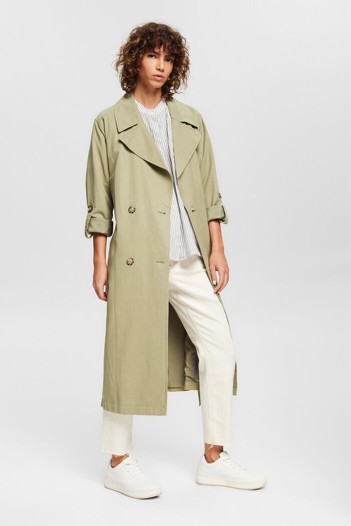 Long trench coat with tie-around belt, LIGHT KHAKI, overview