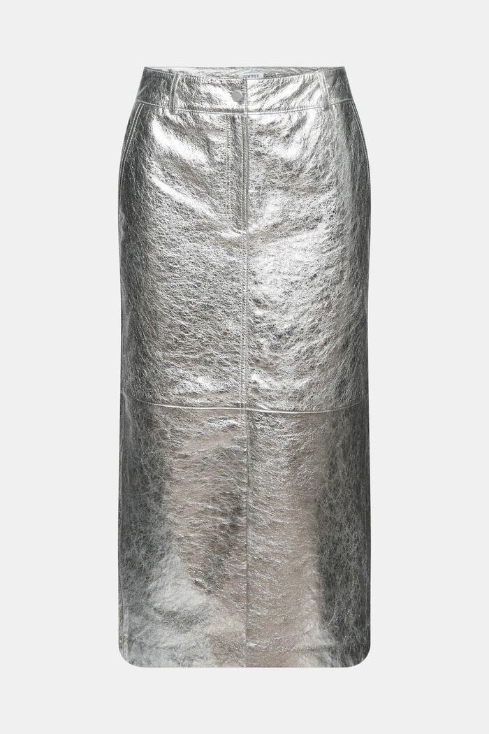 Coated Metallic Leather Skirt, SILVER, detail image number 6