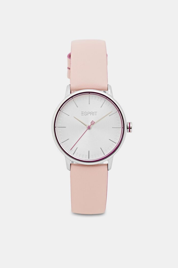 Stainless-steel watch with a leather strap, PINK, overview