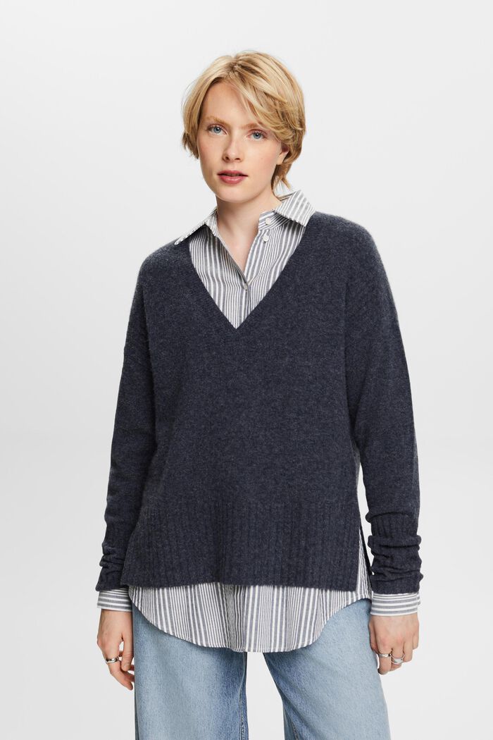 Wool Blend V-Neck Sweater, NAVY, detail image number 2