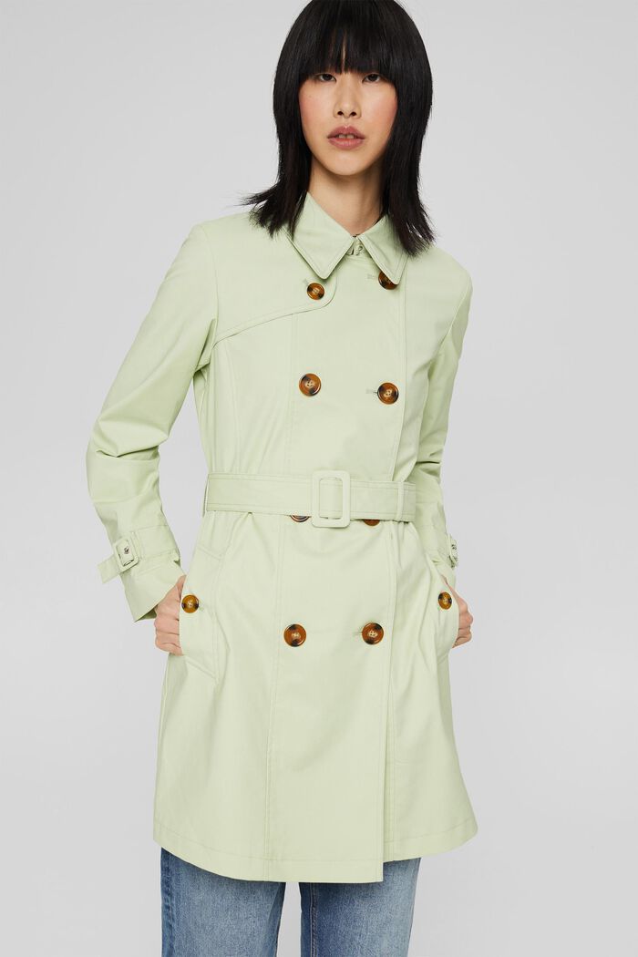 Short trench coat with a belt, in an organic cotton blend, PASTEL GREEN, detail image number 0