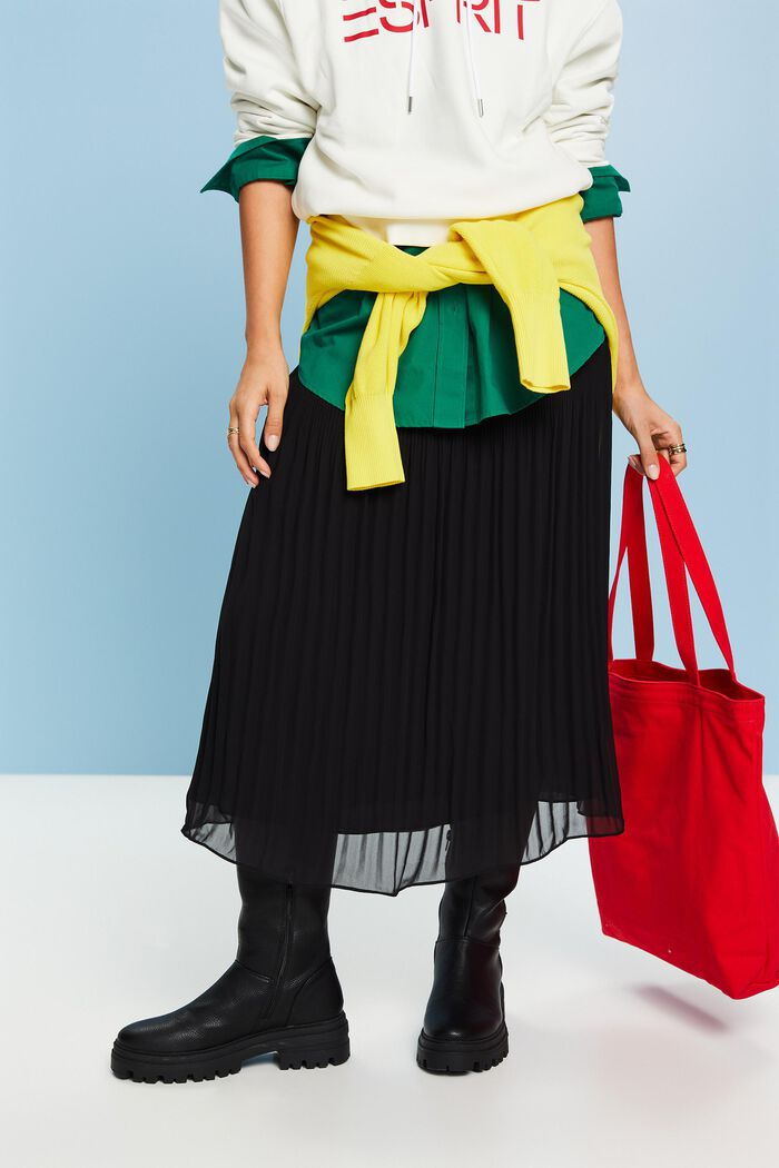Plissé-Chiffon Midi Skirt, BLACK, detail image number 0