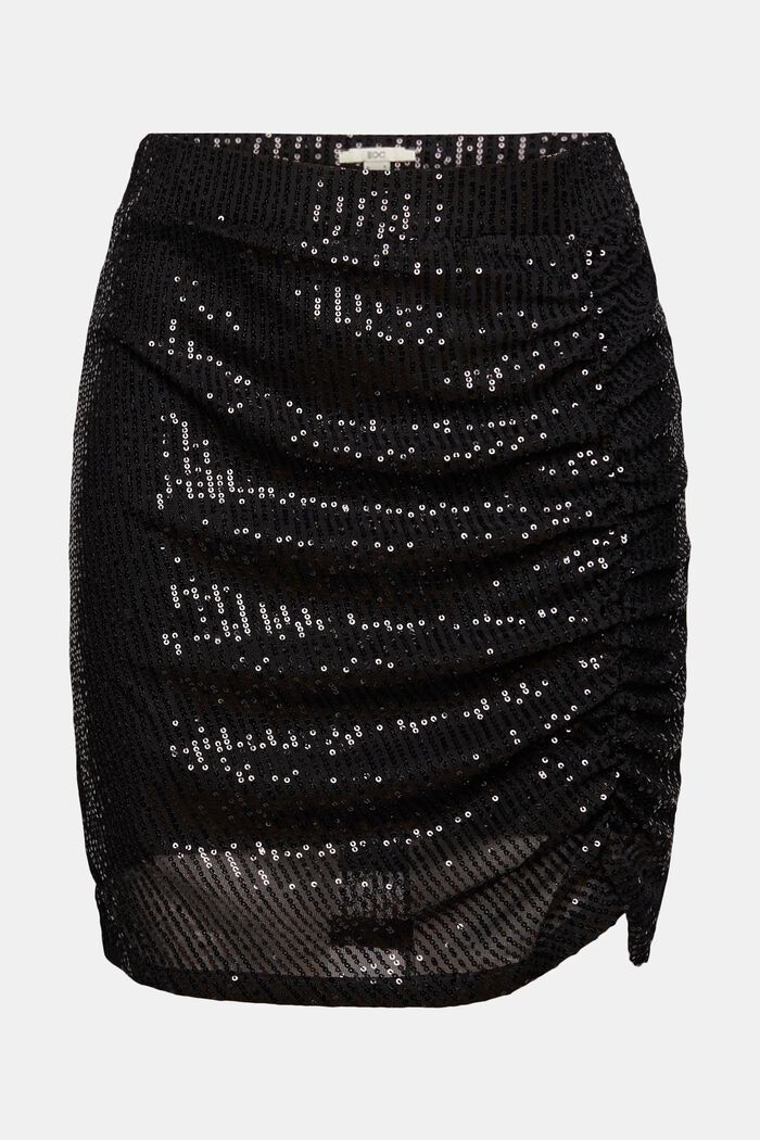Mini skirt with sequins and gathers, BLACK, overview