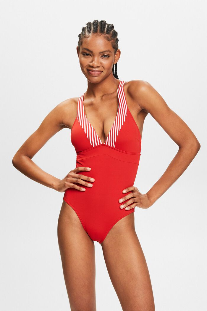 Striped One-Piece Swimsuit, DARK RED, detail image number 2