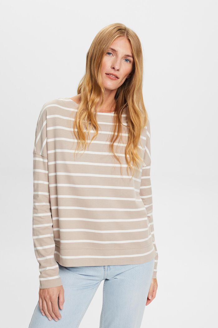 Striped Cotton Longsleeve Top, LIGHT TAUPE, detail image number 0