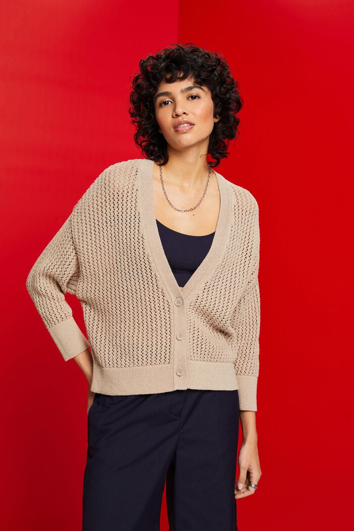 Open-Knit Cardigan, LIGHT TAUPE, detail image number 0